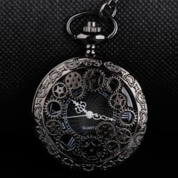 Steampunk Steel Vintage Hollow Black Gear Hollow Quartz Pocket Watch Necklace Pendant Clock Chain Men's Women's CF1036
