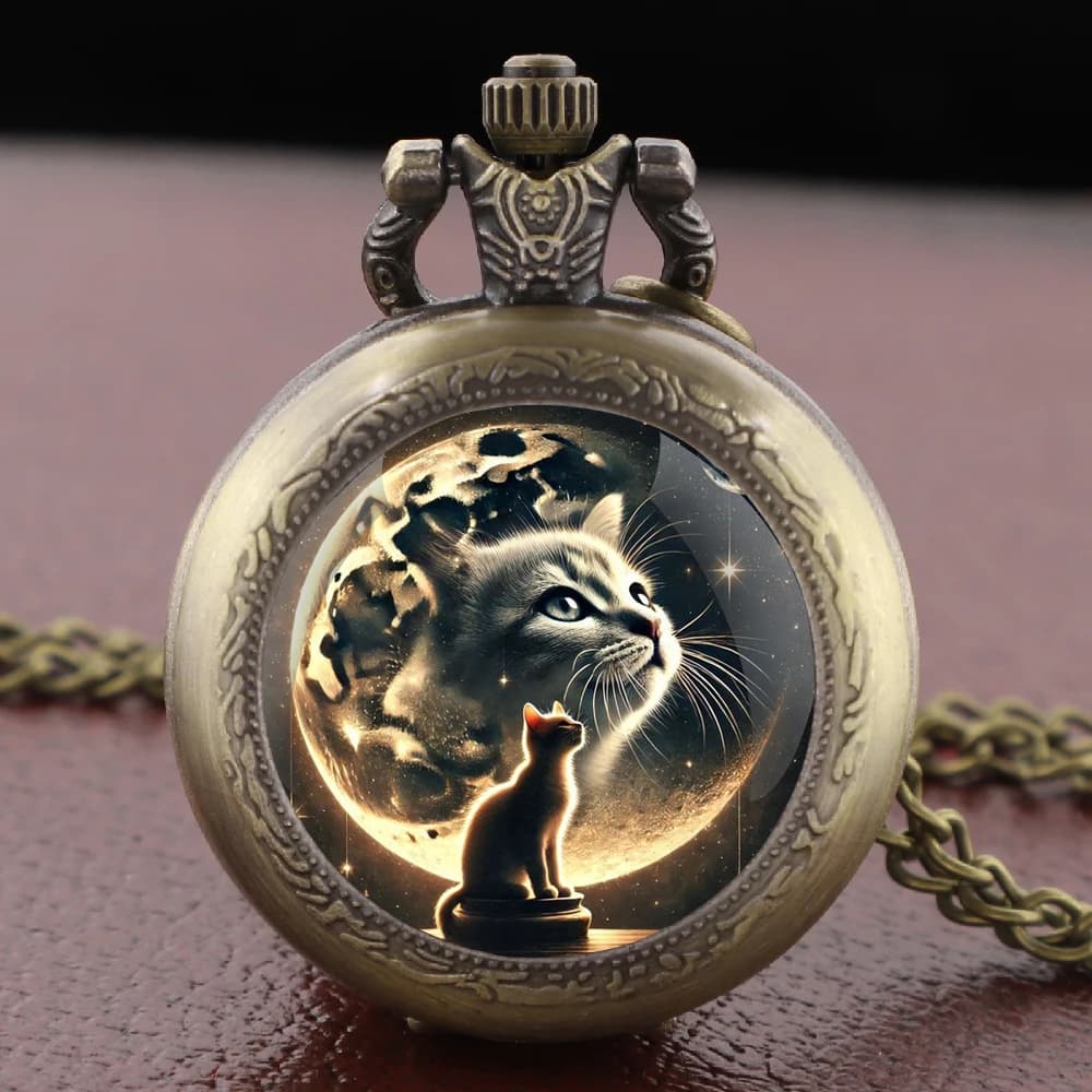 New Cute Cat Quartz Pocket Watch Chain Arabic Vintage Accessory Girls Necklace Pendant Clock Boys Watch Gift Relojes De Bolsillo