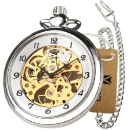 Stainless Steel Mechanical Pocket Watch Transparent Open Face Silver Steampunk Wind up Watch FOB Chain Clock Gift VIGOROSO Brand