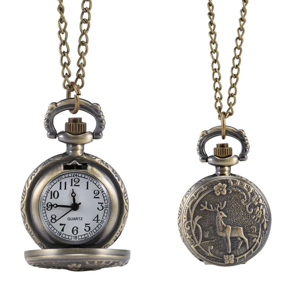 Fashion Vintage Retro Quartz Pocket Watch Alloy Deer Carving Sweater Chain Necklace Pendant Clock Gifts