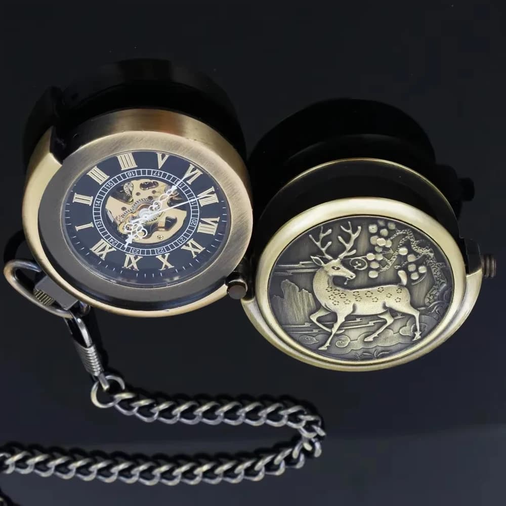 Bronze Elk Mechanical Pocket Watch Roman Numerals Skeleton Dial Pendant Clock  Casual Fashion Gifts for Women Men
