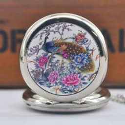 Vintage Bronze Steampunk Enamel Peacock Peony Quartz Pocket Watch Necklace Pendant Clock Chain Men's and Women's Gifts