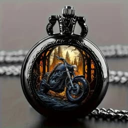 Classic Vintage Black Motorcycle Quartz Pocket Watch, Necklace Pendant With World Time Feature, Ideal Gift For Men & Women and K