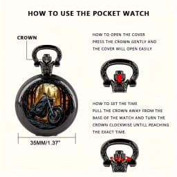 Classic Vintage Black Motorcycle Quartz Pocket Watch, Necklace Pendant With World Time Feature, Ideal Gift For Men & Women and K