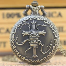 Vintage Bronze Clamshell Relief Lace Frosted Rose Vine Wrapped Large Cross Quartz Pocket Watch For Male And Female Students