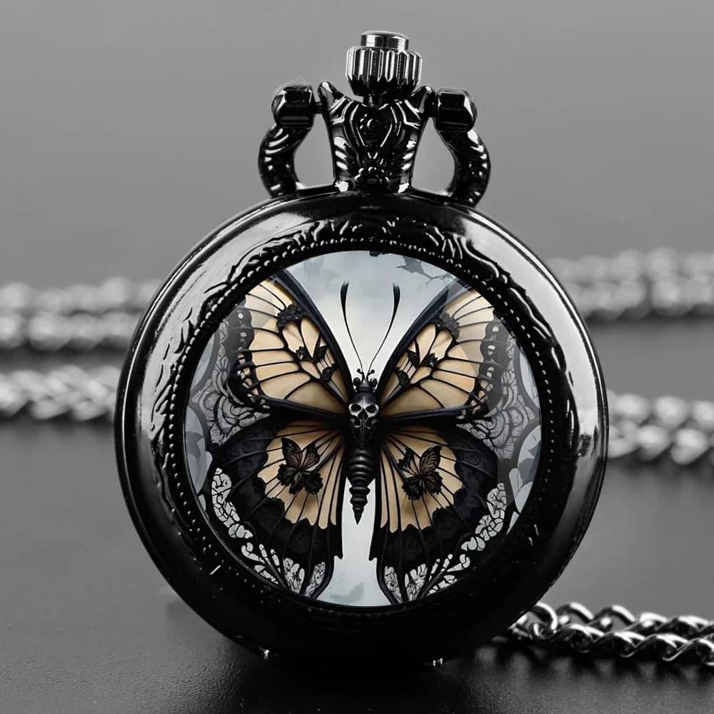 Fashion Vintage Butterfly Quartz Pocket Watches with Chain Elegant Pendant Clock Necklace Accessories Men Women Exquisite Gifts