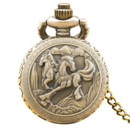 Small Vintage Bronze Steampunk Steed Carved Trumpet Quartz Pocket Watch Necklace Pendant Clock Chain Men Women Chain Gift
