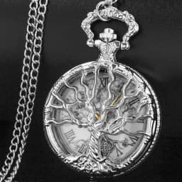 Hollow Tree of Life Design Pocket Watch Roman Numerals Quartz Pocket Watches with Chain Necklace for Men Women