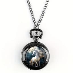 Retro Unique Silvery Horse Animal Design Necklace Pendant Quartz Pocket Watch, Cool Exquisite Accessory for Men Women and Kids