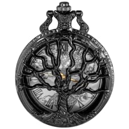Vintage All Black Pocket Watch Tree of Life Pattern Sketch Ink Painting Dial Pockets Watch Antique Necklace Quartz fob Clock
