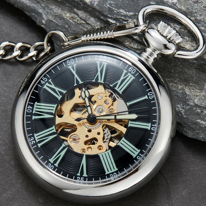 Hot Sale Antique Smooth Silver Skeleton Transparent Mechanical Pocket Watch For Men FOB Chain Hand Winding Reloj De Bolsillo