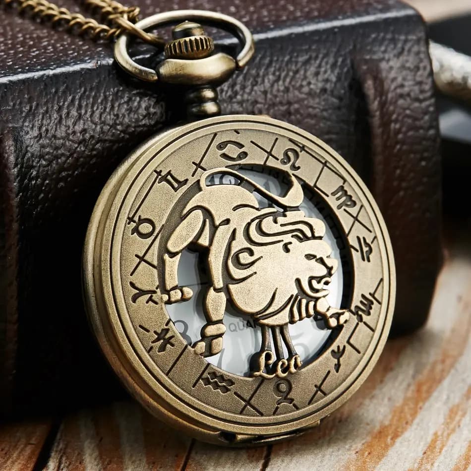 Vintage Bronze Steampunk Pattern Pocket Watch Zodiac Necklace Chain Retro Twelve 12 Constellation Men Women Clock Relogio Gifts