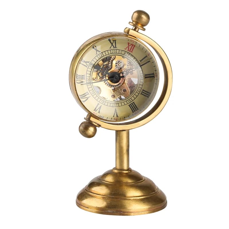 Retro Copper Spinning Globe Gold Desk Mechanical Pocket Watch Hand Winding Movement Home Office Luxury Decoration as Collectible