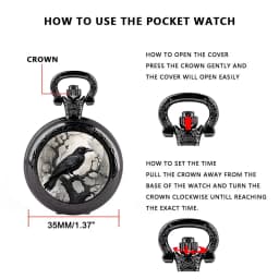 Exquisite Gift Raven Design Glass Dome Pocket Watch Arabic Numeral Dial Vintage Men Women Necklace Pendant Creative Clock Gift