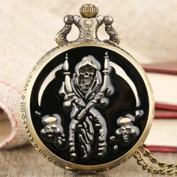 Cool Black Skull Quartz Pocket Watch Necklace Pendant Fashion Ghost Retro Chain Clock Souvenir Gift Floral rattan Pocket Watch