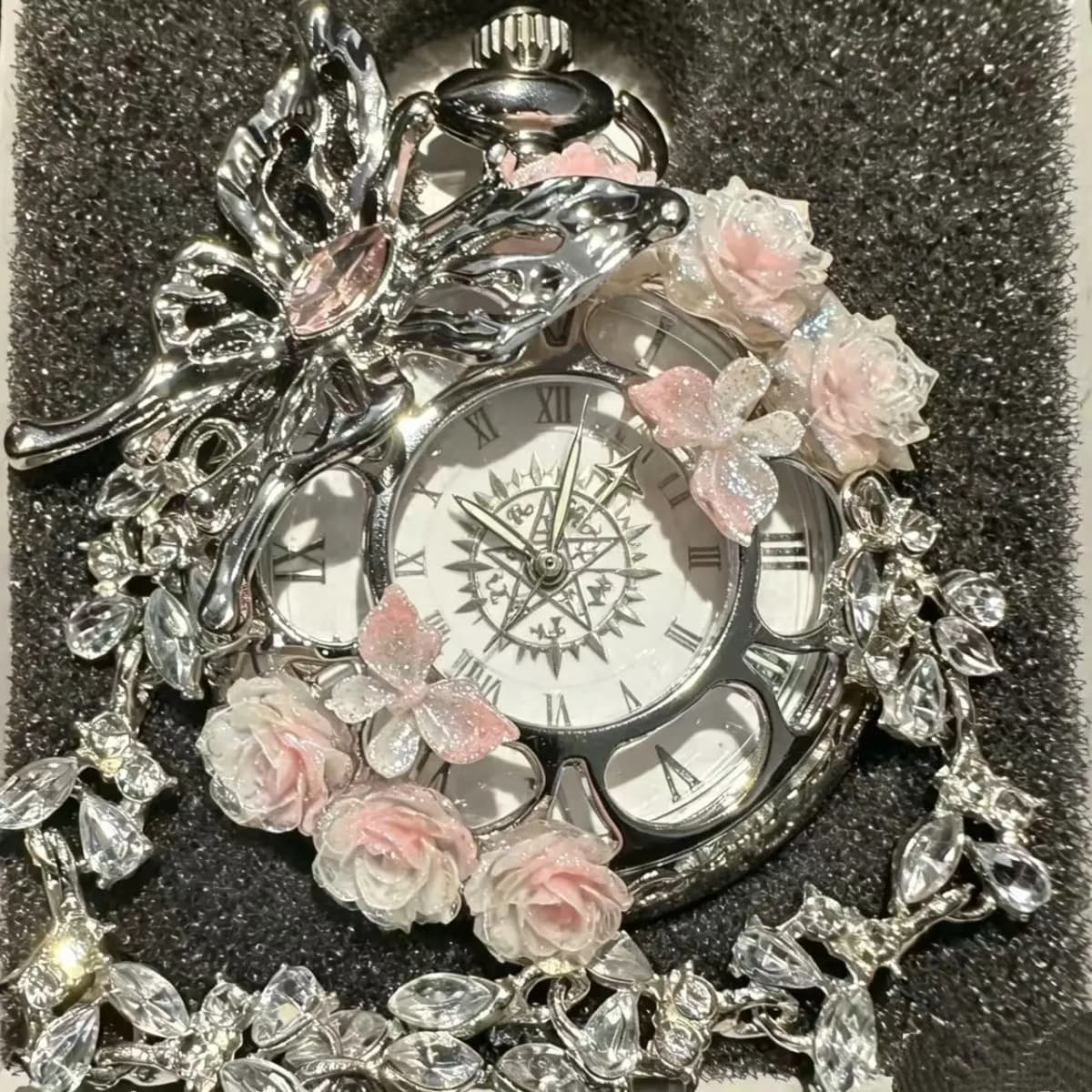 Pocket Watch,Butterfly Rose Crystal Decoration Pocket Watch,Fashionable Pocket Watch,For Classmates/Friends/Family Linked Watch