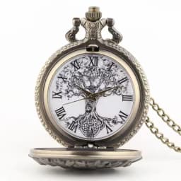 Vintage Bronze Steampunk Hollow World Tree Carving Quartz Pocket Watch Necklace Clock Men's and Women's Gifts