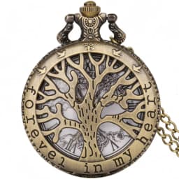 Vintage Bronze Steampunk Hollow World Tree Carving Quartz Pocket Watch Necklace Clock Men's and Women's Gifts