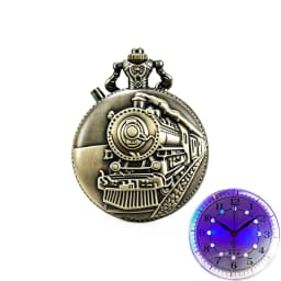 Vintage Steam Train Engraved Quartz Pocket Watch LED Luminous Dial Flip Cover Alloy Pocket Watch With Chain Steampunk Clock