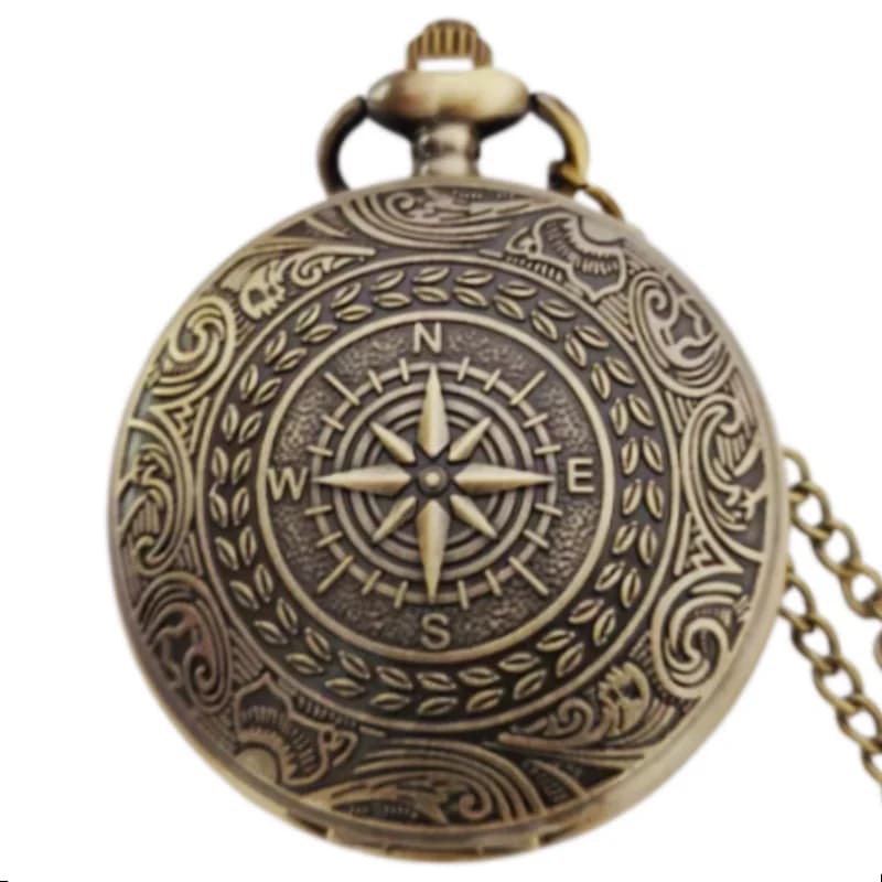 Retro Charm Neutral Fashion Compass Engraved Quartz Pocket Watch Steampunk Men's and Women's Necklace Pendant Gift