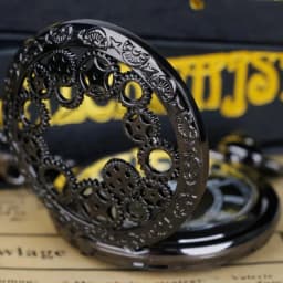 1pc Black Retro Hollow Gear Carved Quartz Pocket Watch Necklace Pendant Clock Chain Men Women Memorial Gift