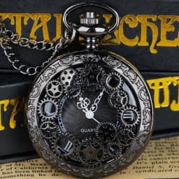 1pc Black Retro Hollow Gear Carved Quartz Pocket Watch Necklace Pendant Clock Chain Men Women Memorial Gift