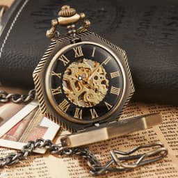 Ramadan Classic Hexagonal Mechanical Pocket Watch FOB Chain Steampunk Roman Dial Skeleton Gold Hollow Steel Men's Pocket Watch