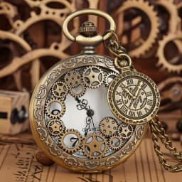 Steampunk Hollow Gear Quartz Pocket Watch Antique Bronze Pocket Watch with Pendant &Necklace Chain Men Collectible Birthday Gift