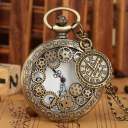 Steampunk Hollow Gear Quartz Pocket Watch Antique Bronze Pocket Watch with Pendant &Necklace Chain Men Collectible Birthday Gift