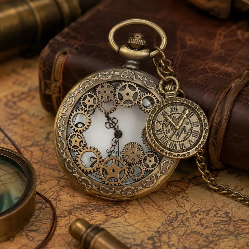 Steampunk Hollow Gear Quartz Pocket Watch Antique Bronze Pocket Watch with Pendant &Necklace Chain Men Collectible Birthday Gift
