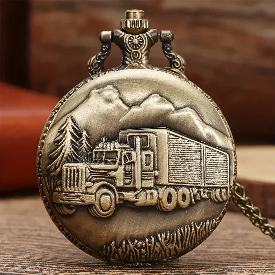 Bronze Big Truck Necklace Quartz Pocket Watch - Vintage Nostalgic Design, Perfect Holiday Gift for Teens