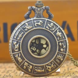 Steampunk Vintage Bronze Twelve Constellations Hollow Quartz Pocket Watch Necklace Pendant Clock Chain Men Women Chain Gift