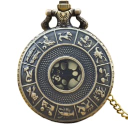 Steampunk Vintage Bronze Twelve Constellations Hollow Quartz Pocket Watch Necklace Pendant Clock Chain Men Women Chain Gift