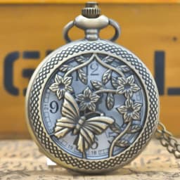 Vintage Bronze Steampunk Butterfly Cutout Engraving Quartz Pocket Watch Necklace Pendant Clock Chain Men Women Chain Gift