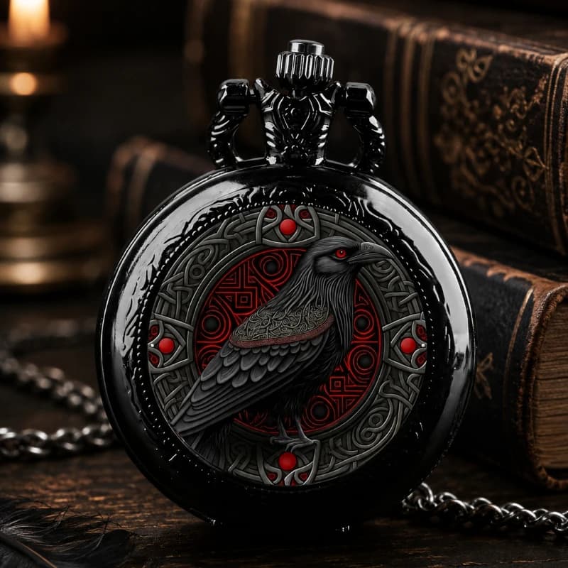 Vintage Black Raven Pattern Quartz Pocket Watch with Chain Necklace Retro Steampunk Pendant Watch Collectible Gift for Men