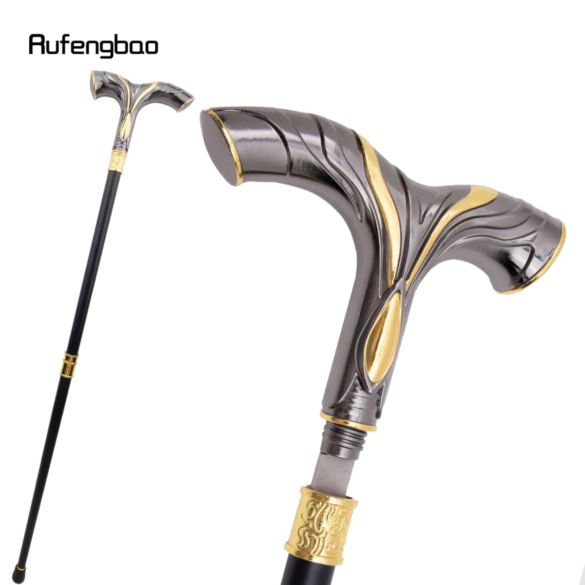 Golden Black Flowing Lines Handle Walking Stick with Hidden Plate Self Defense Fashion Cane Plate Cosplay Crosier Stick 92cm
