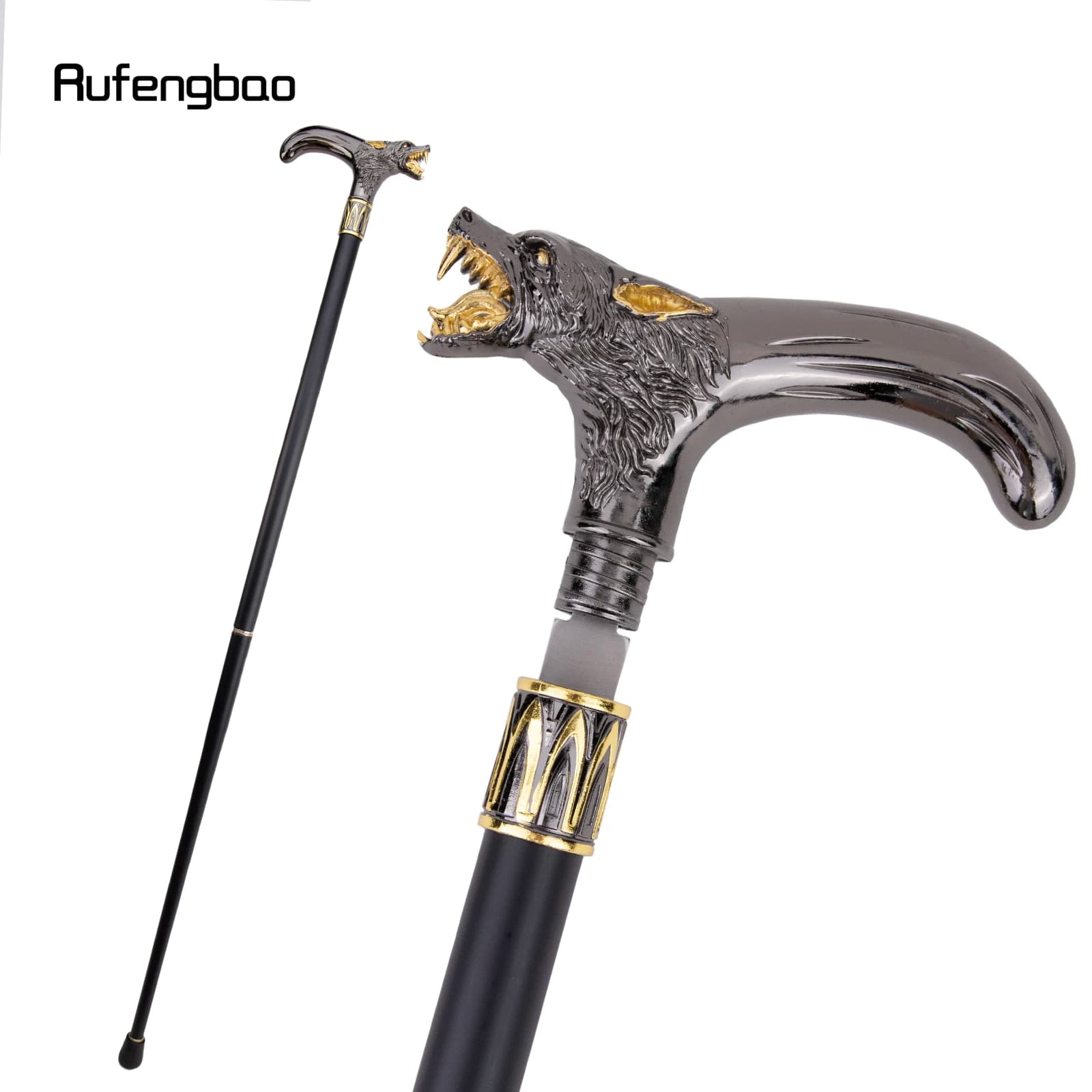Golden Black Wolf Head Biting  Walking Stick with Hidden Plate Self Defense Fashion Cane Plate Cosplay Crosier Stick 93cm