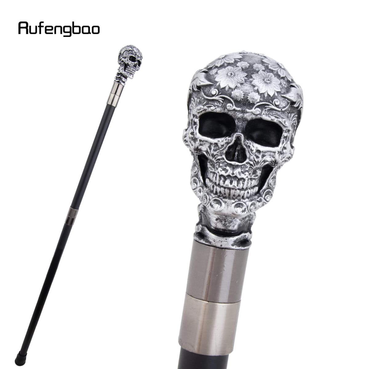 Silver Resin Rose Flower Skull Head Cane Decorative Cospaly Cane Halloween Mace Wand Crosier Performance Stage Cane 94cm