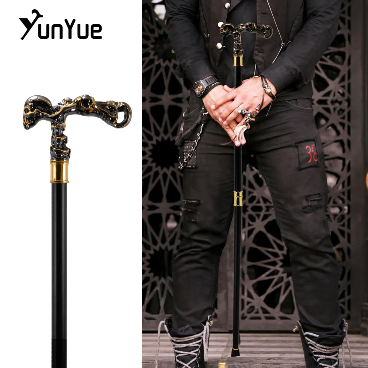 Black Gold Skull Steampunk Walking Cane Fashion Decorative Walking Stick Cospaly Gothic Vintage Party Fashionable Walking Cane