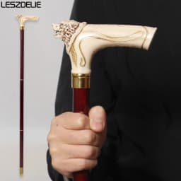 92cm Fashion Wooden Walking Cane with Wolf-Head And Gold Pattern for Men And Women German Beech Wood Stick for Festival Party