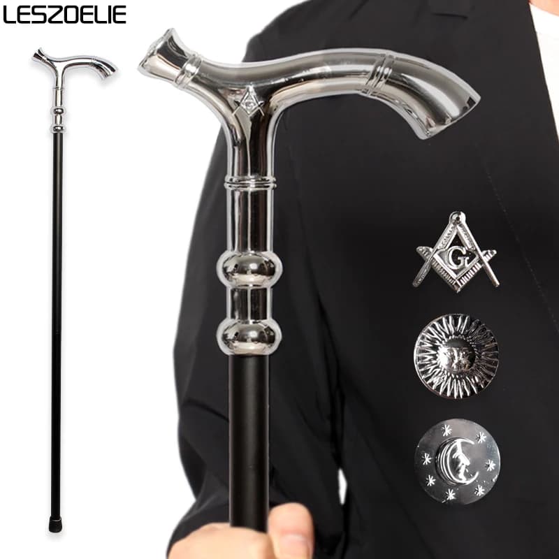 97cm Luxury Bright Silver Masonic Walking Stick with Sun And Moon Decor for Men Women Elegant Retro Design Cane