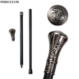 Vintage Antique Silver Alloy Walking Cane with Embossed Eagle Head Round Handle Detachable Stick Cosplay Prop for Men And Women