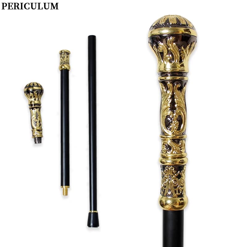 Black Gold Embossed Victorian Walking Cane with Detachable Round Handle Vintage Walking Stick Cosplay Prop for Men And Women