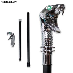 Polished Silver Cobra Head Handle Walking Cane Detachable Green Gem Eye Walking Stick Halloween Cosplay Prop for Men Women
