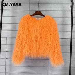 CM.YAYA Solid Faux Fur Coats Women Full Sleeve O-neck Open Stitch Covered Button Fur Jackets Winter Autumn Warm New Fashion