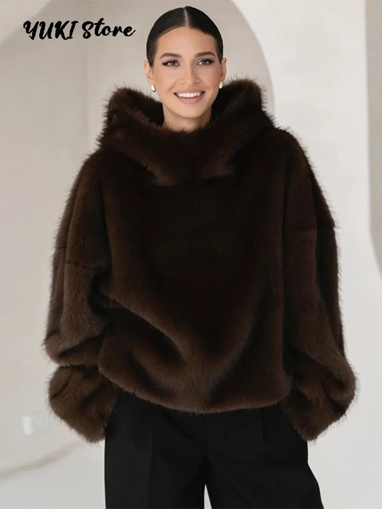 Furry Hooded Faux Fur Coats Women Loose Long Sleeve Warm Brown Pullovers 2026 Autumn Winter Lady Street Fashion Outwear