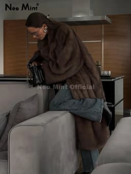 Neo Mint Winter Warm Fluffy Gradient Eco Fur Jacket Women Luxury Long Faux Fox Fur Coat Street Furry Outerwear Overcoat