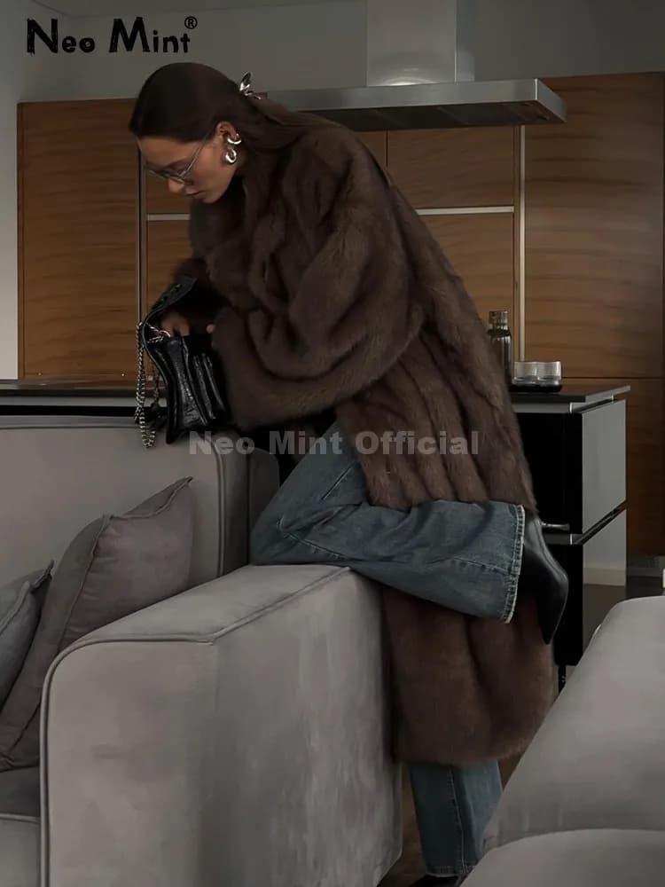 Neo Mint Winter Warm Fluffy Gradient Eco Fur Jacket Women Luxury Long Faux Fox Fur Coat Street Furry Outerwear Overcoat