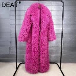 DEAT 2026 Autumn Winter New Fashion Beach Wool Faux Fur Coat For Women Suit Collar Solid Color Long Overcoat Female 11A07448