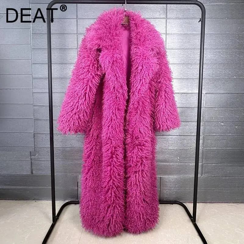 DEAT 2026 Autumn Winter New Fashion Beach Wool Faux Fur Coat For Women Suit Collar Solid Color Long Overcoat Female 11A07448